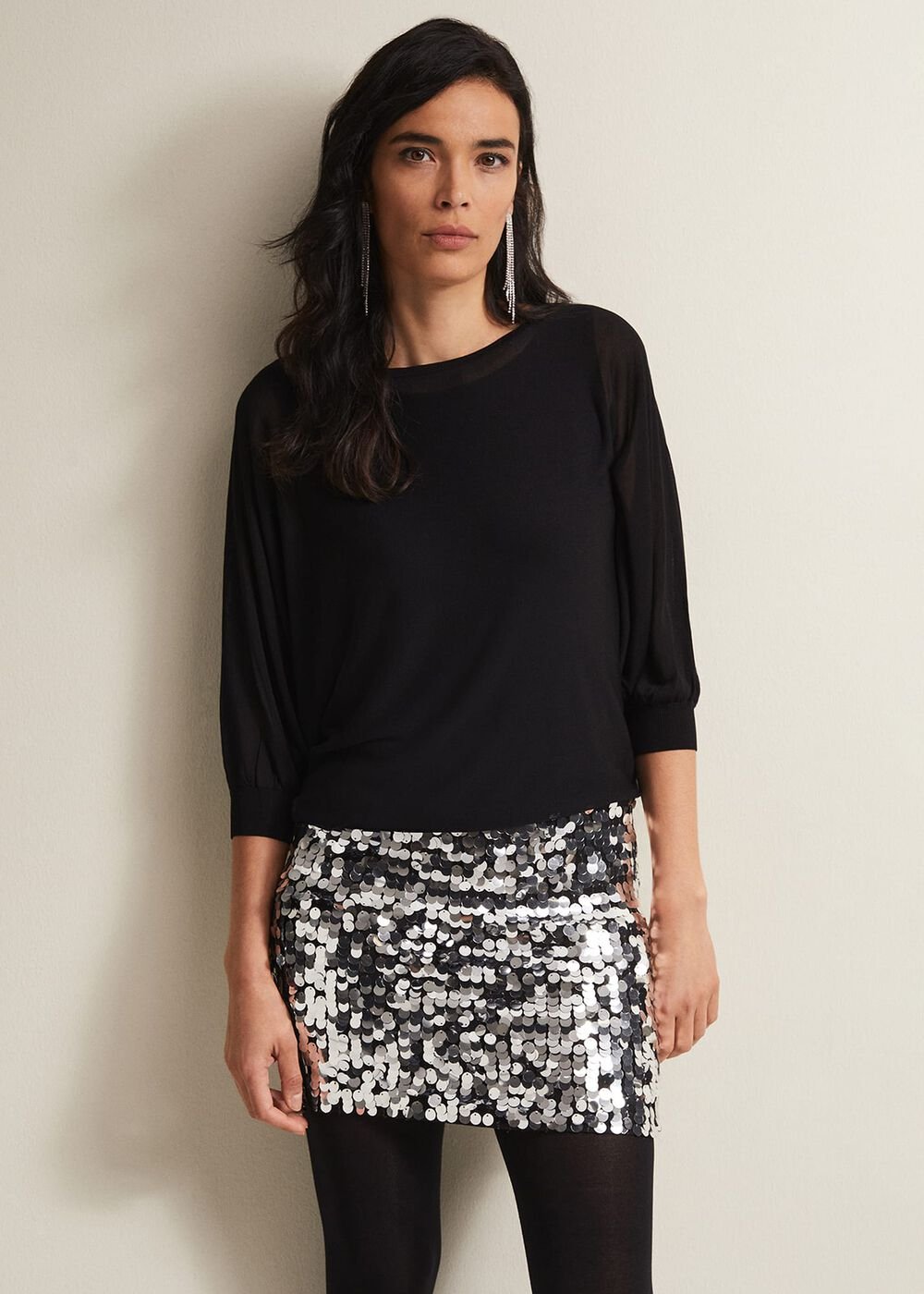 Becca Silver Sequin Batwing Mini Dress Black/Multi