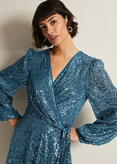 Carissa Teal Sequin Wrap Mini Dress Teal