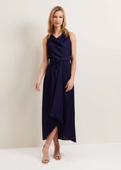 Daliah High Neck Satin Midi Dress Navy