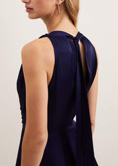 Daliah High Neck Satin Midi Dress Navy