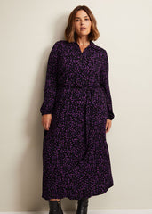 Purple Floral Button Up Midi Dress With Long Sleeves Black/Multi