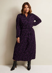 Purple Floral Button Up Midi Dress With Long Sleeves Black/Multi