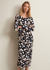Jordana Geo Ruched Midi Dress Navy