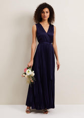 Bonnie Pleat Wrap Satin Maxi Dress Navy