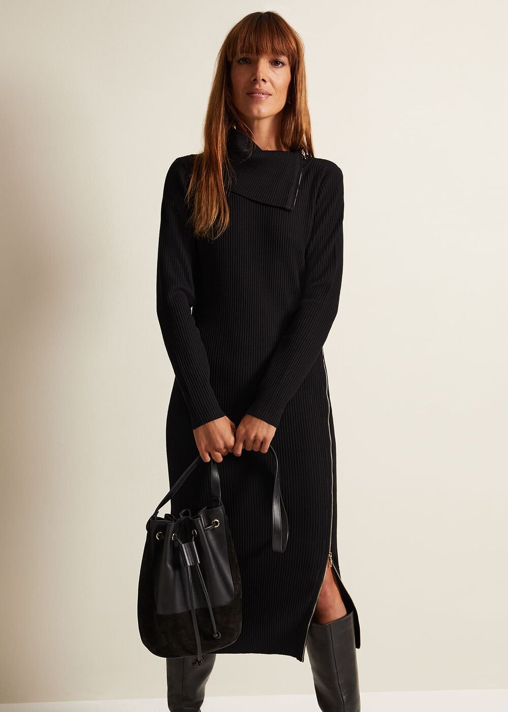 Hartley Zip Ribbed Column Dress Black