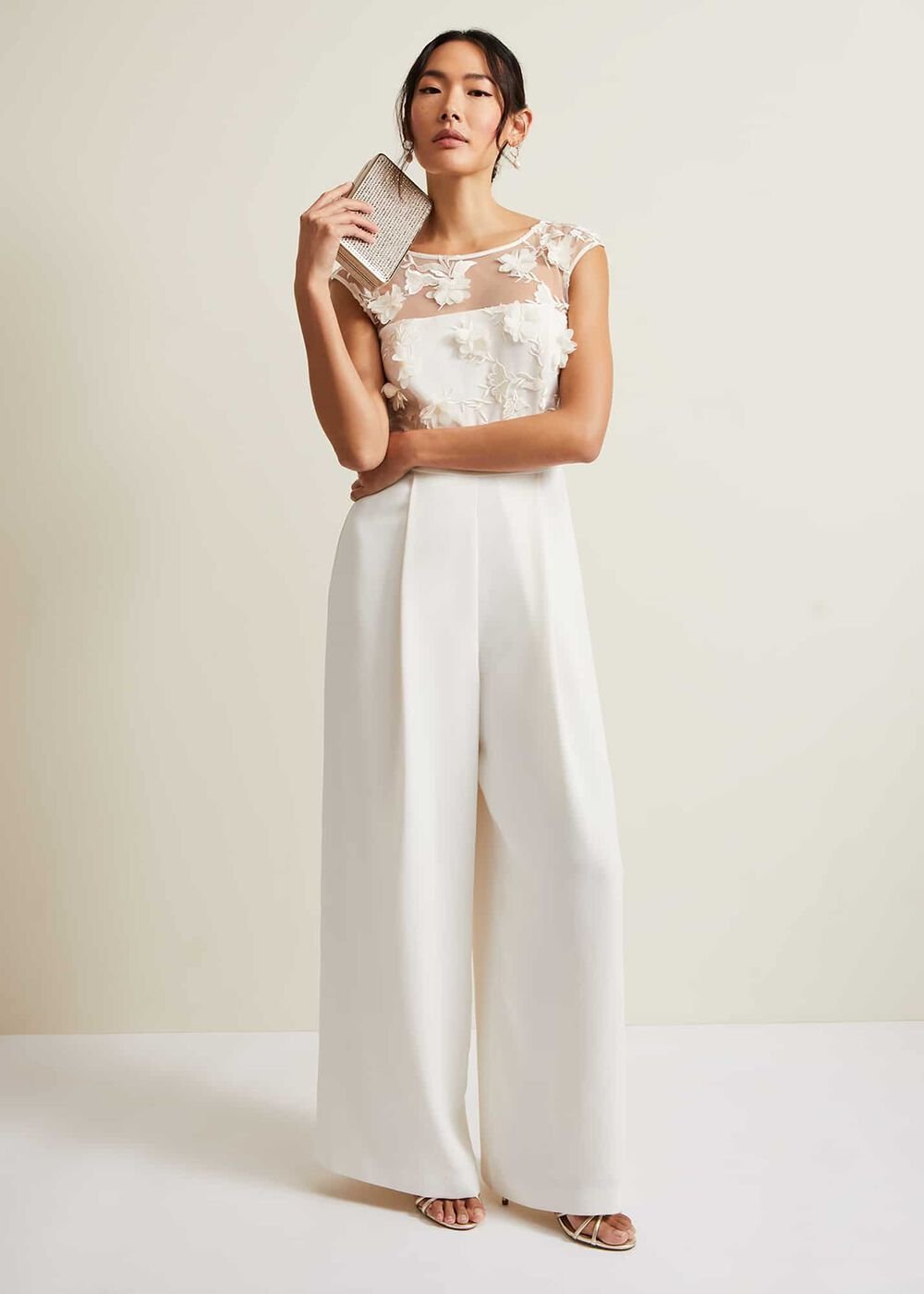 Cherie Bridal Floral Textured Jumpsuit Ivory