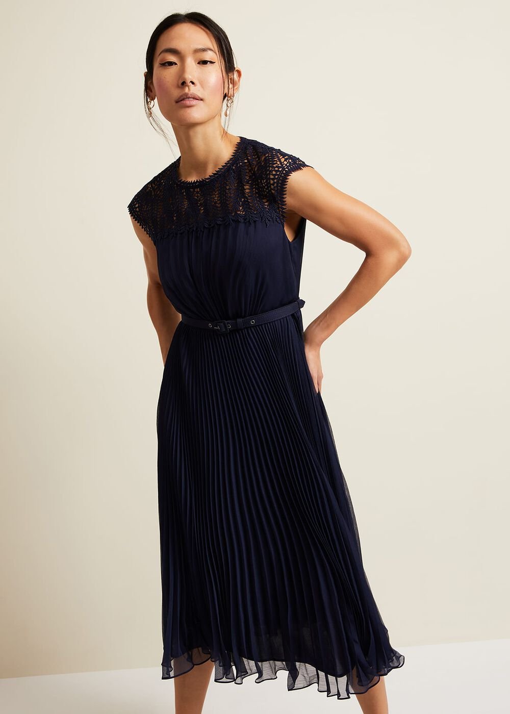 Makaela Pleat Embroidered Dress Navy