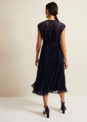 Makaela Pleat Embroidered Dress Navy