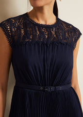 Makaela Pleat Embroidered Dress Navy