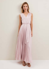 Bonnie Pleat Wrap Satin Maxi Dress Pink
