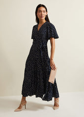 Jenna Black Spot Wrap Midaxi Dress Navy/Ivory