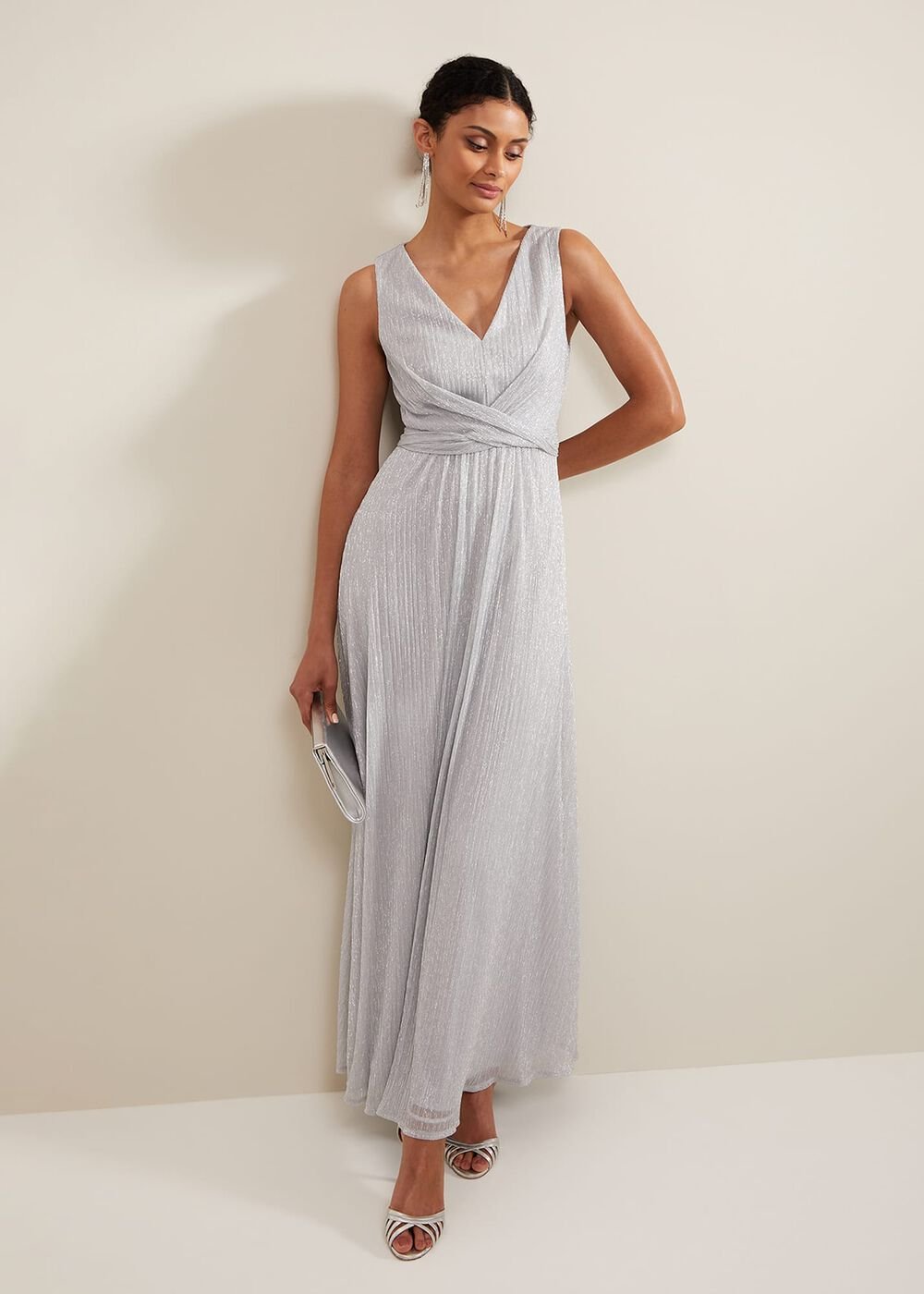 Artemis Plisse Shimmer Maxi Dress Silver