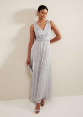Artemis Plisse Shimmer Maxi Dress Silver
