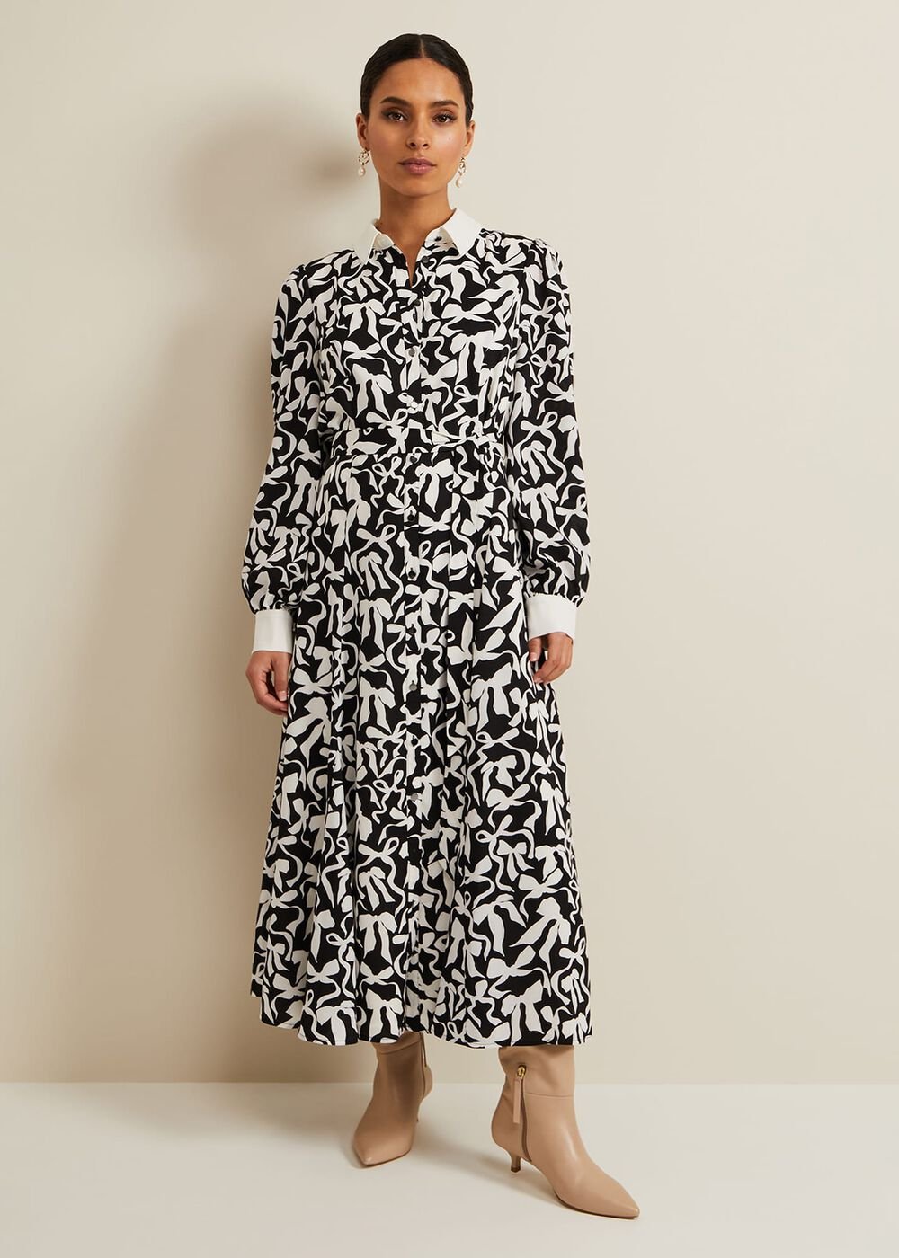 Petite Bonnie Black Bow Shirt Midi Dress Black/Ivory