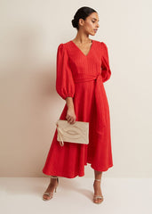 Petite Marilyn Puff Sleeve Midi Dress Orange