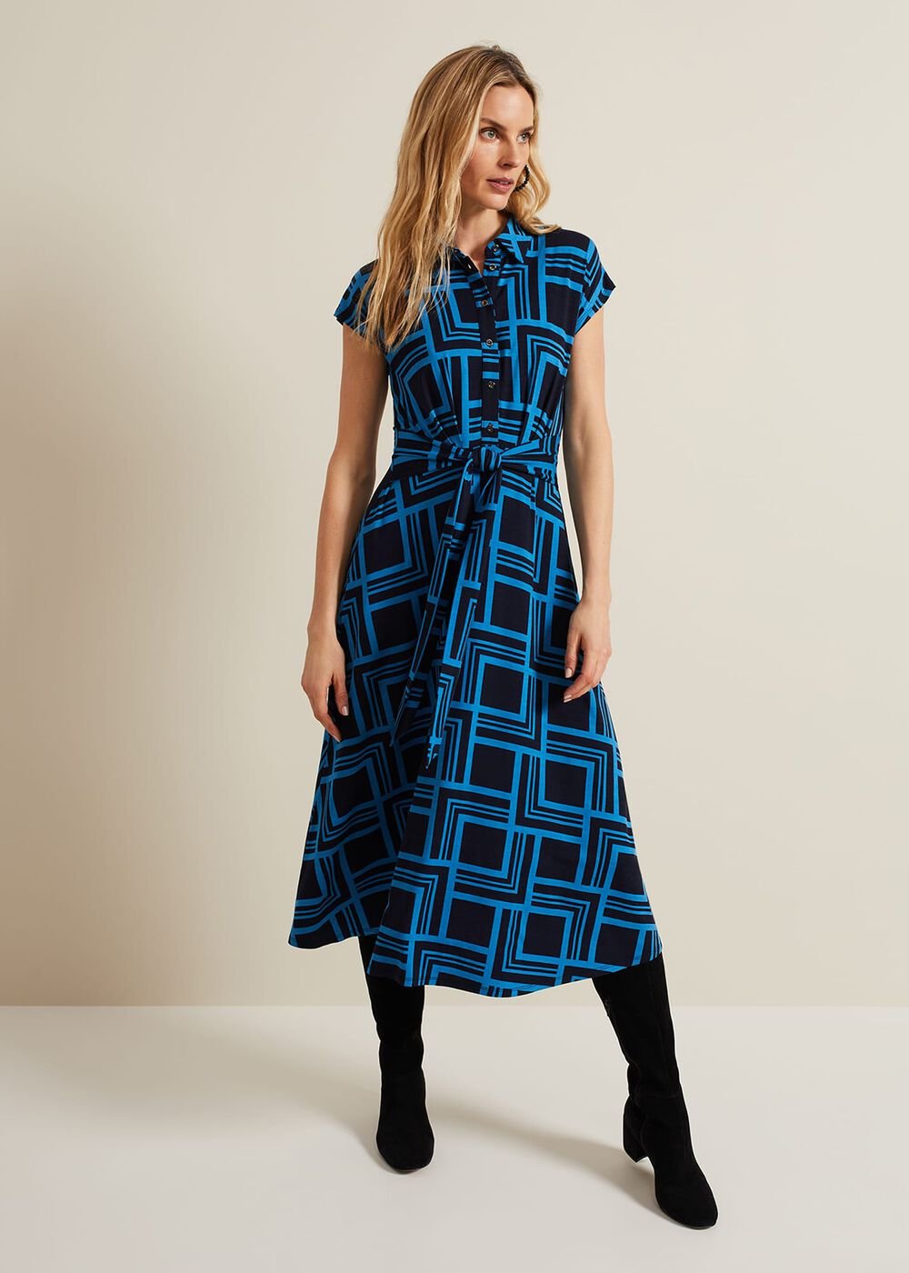 April Short Sleeve Geo Dress Blue