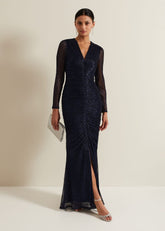 Shannia Ruched Shimmer Maxi Dress Blue