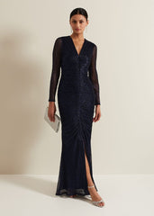 Shannia Ruched Shimmer Maxi Dress Blue