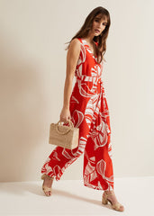 Suzie Leaf Print Jumpsuit Red