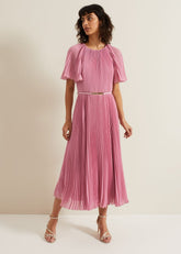 Kathleen Pleated Plain Midi Dres Pink