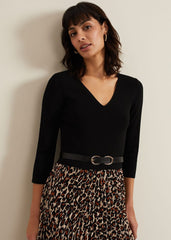 Josephine Animal Woven Hem Knit Dress Black