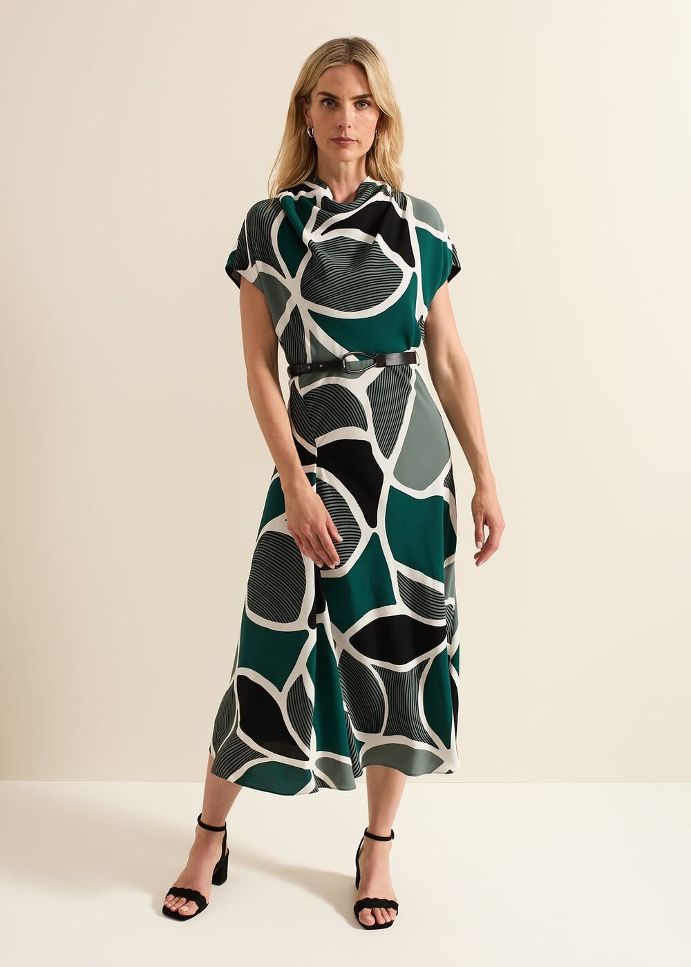 Zaynab Green Swirl Cowl Neck Midi Dress Green