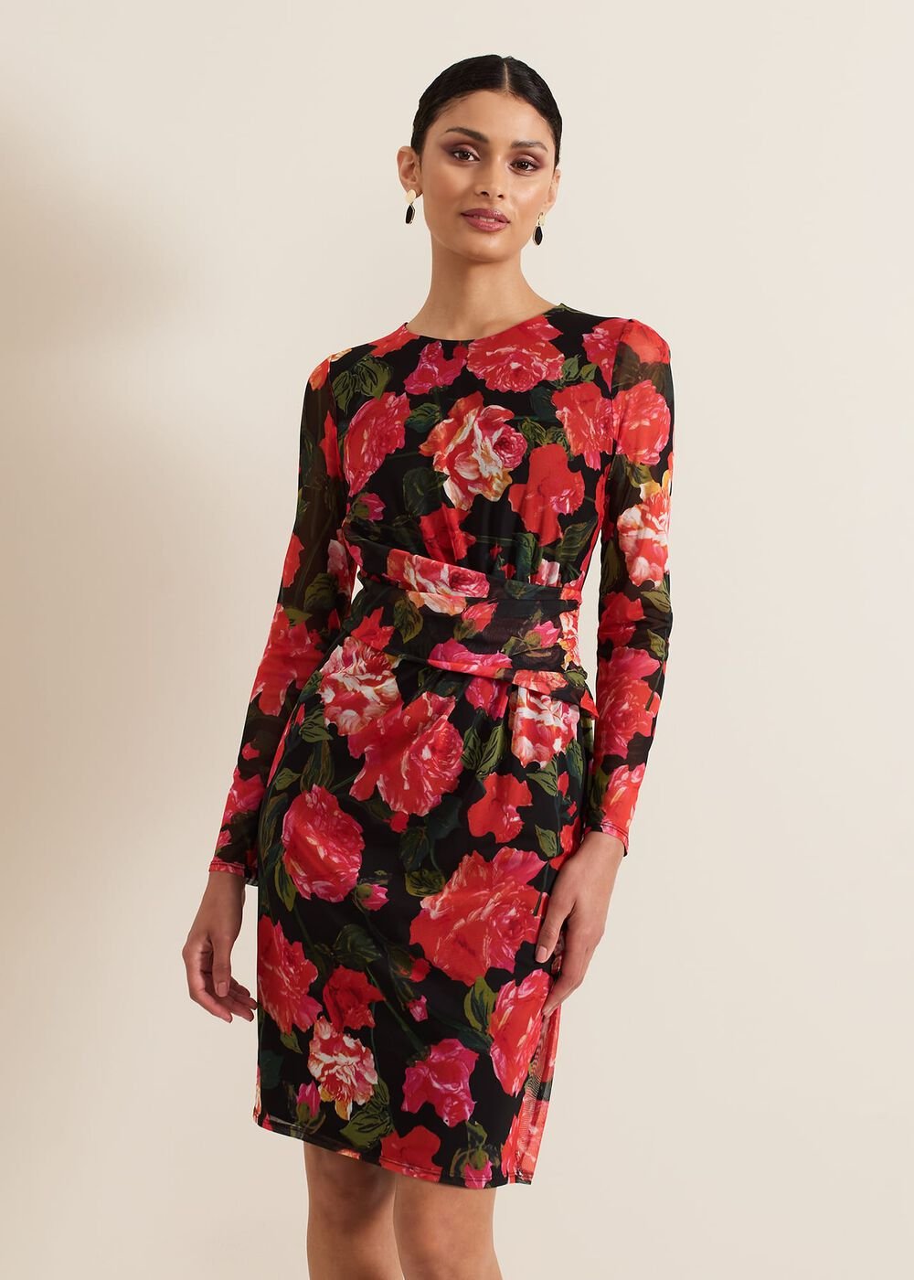 Roshni Mesh Floral Midi Dress Black/Multi