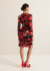 Roshni Mesh Floral Midi Dress Black/Multi