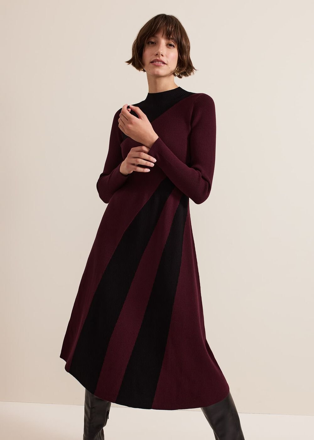 Julie Ribbed Fit And Flare Midi Dress Burgundy