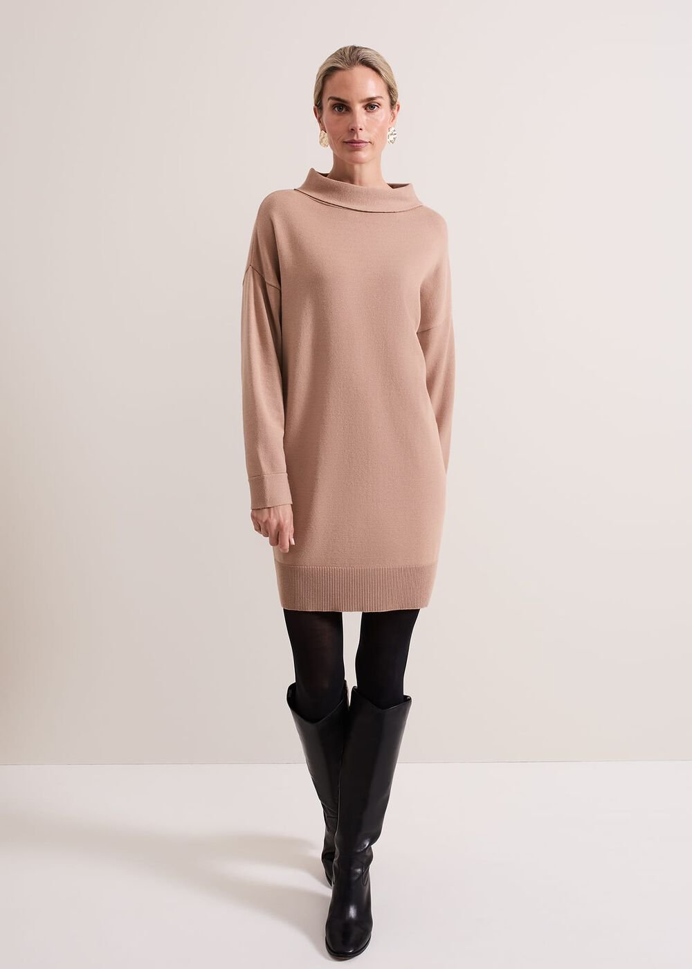 Skylar Funnel Neck Jumper Dress Camel