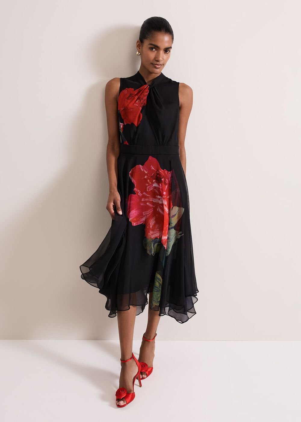 Lucia Chiffon Floral Midi Dress Black/Multi