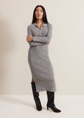 Lucy Collared Popper Column Midi Dress Grey