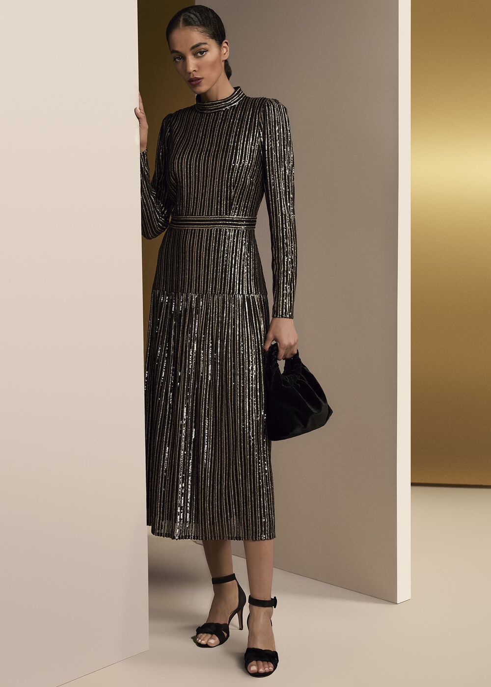 Gloria Sequin Stripe Midi Dress Black/Multi