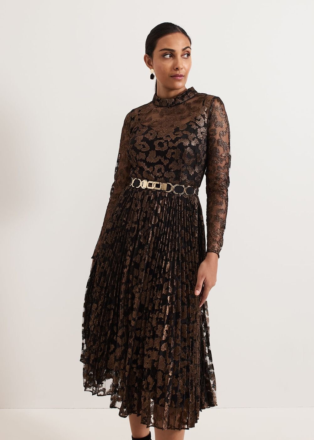 Petite Theodora Leopard Pleat Midi Dress Multi-Coloured