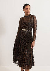 Petite Theodora Leopard Pleat Midi Dress Multi-Coloured