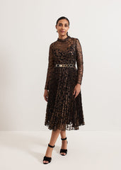 Petite Theodora Leopard Pleat Midi Dress Multi-Coloured