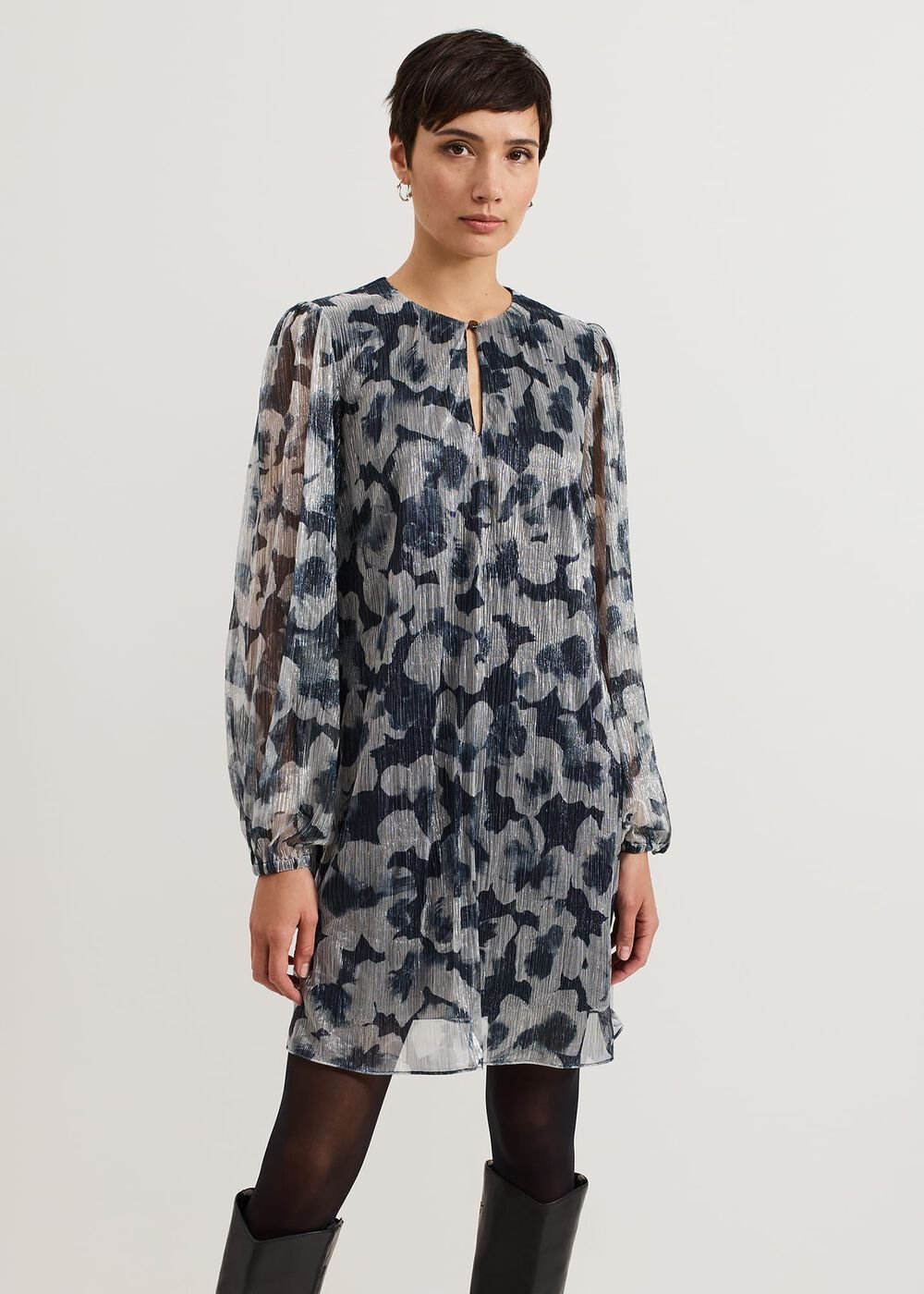 Roma Grey Floral Plisse Midi Dress Grey