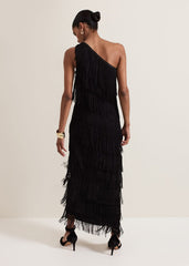 Otto One Shoulder Fringe Maxi Dress Black