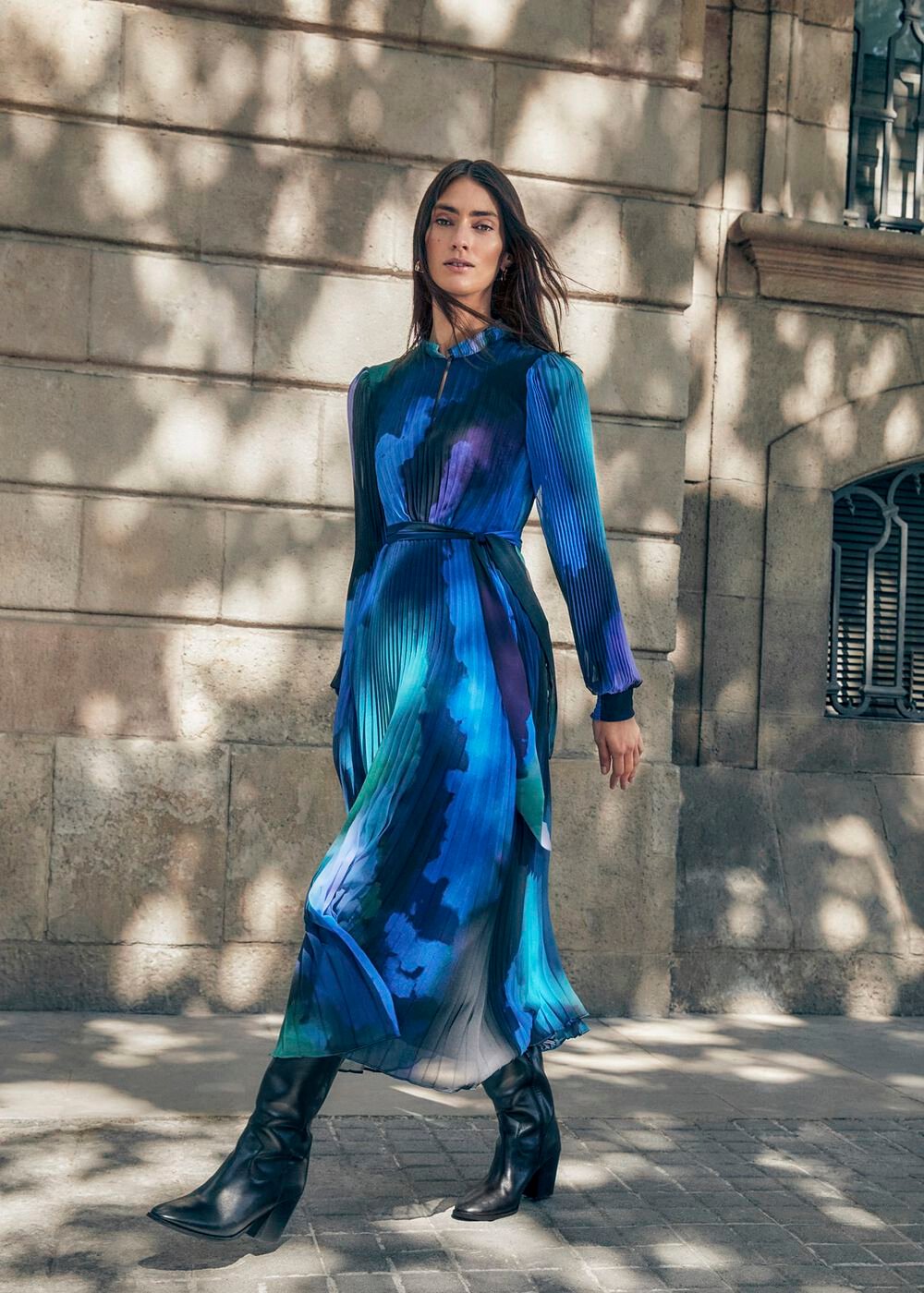 Women's Bright Blue Pleated Midi Dress Multi-Coloured