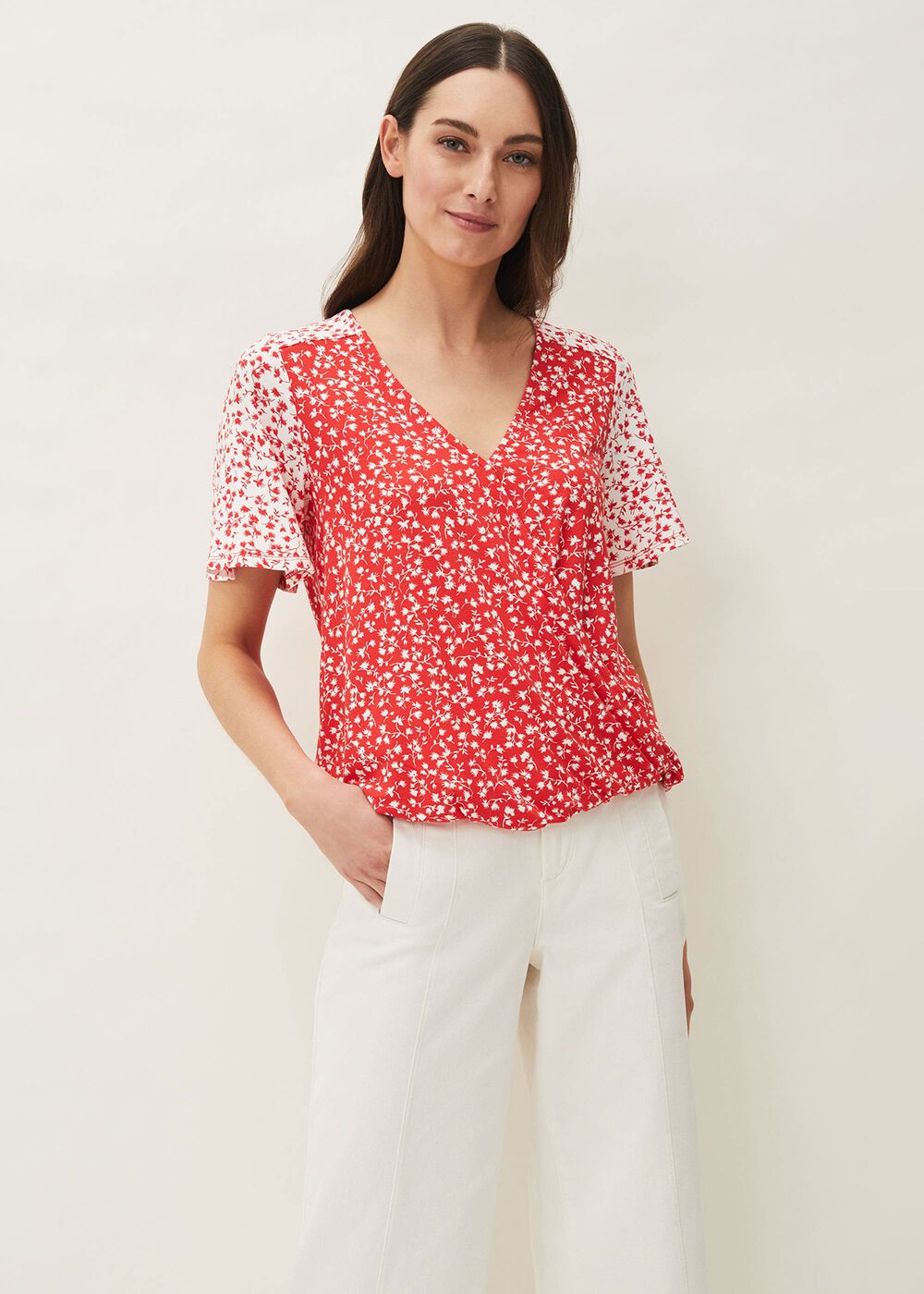 Ebony Ditsy Floral Wrap Top Red/Ivory