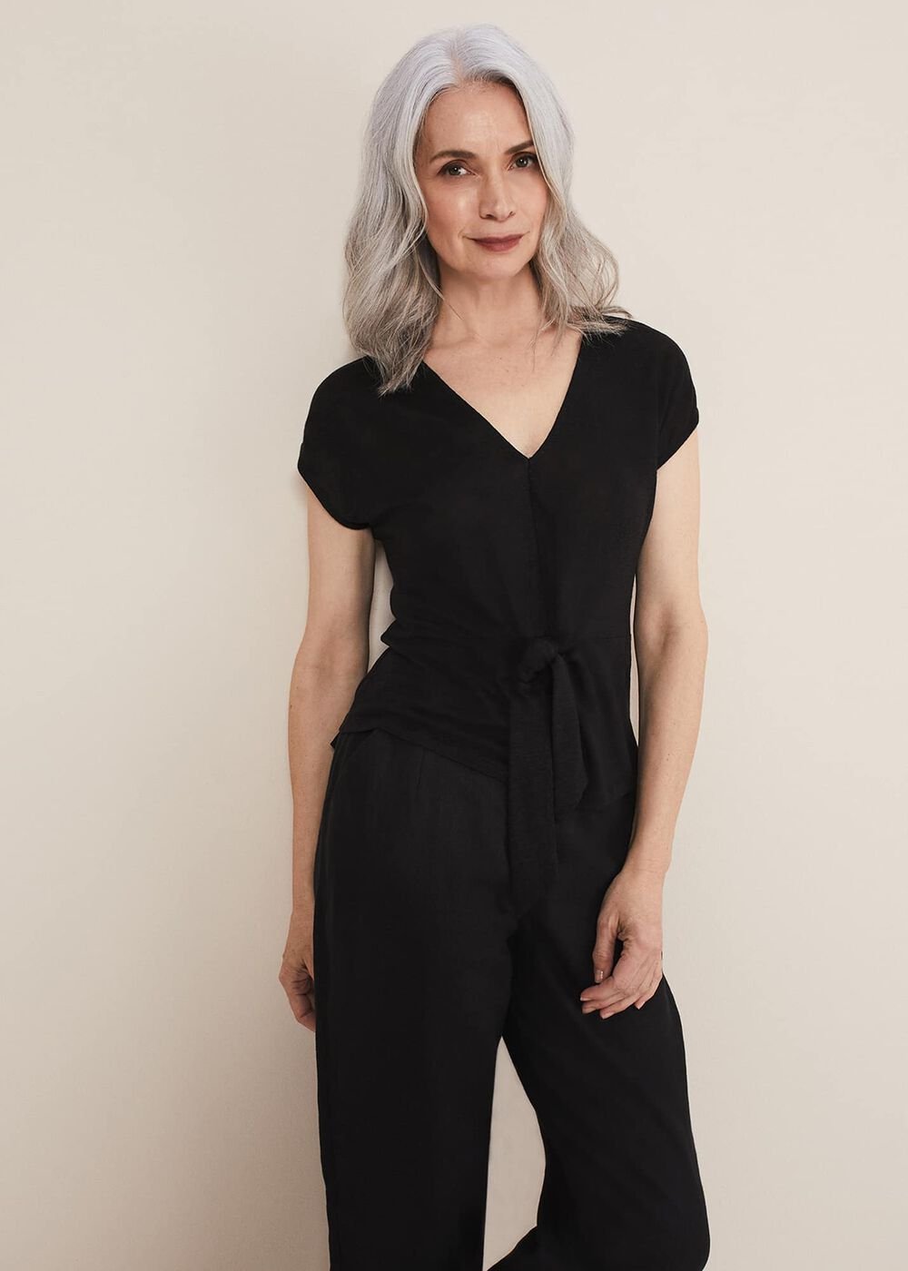 Reyna Linen Tie Front Top Black