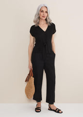 Reyna Linen Tie Front Top Black