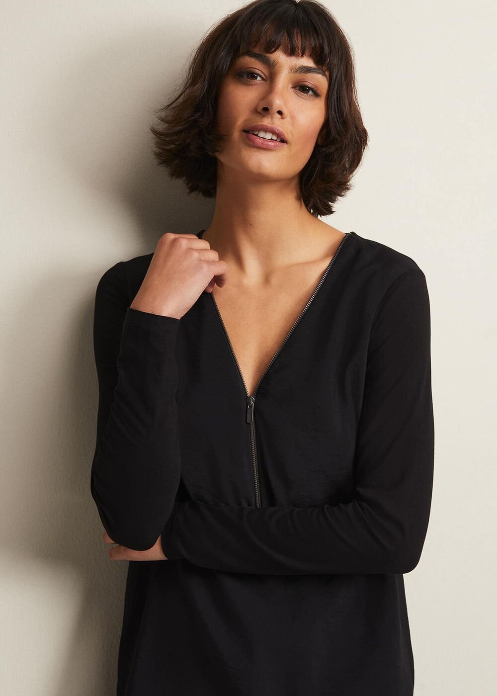 Black Tunic Top with V-Neck Zip Detail & Long Sleeves Black