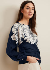 Alora Floral Woven Front Top Navy