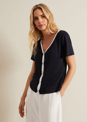 Dorothy Contrast Piping Linen Top Navy/White