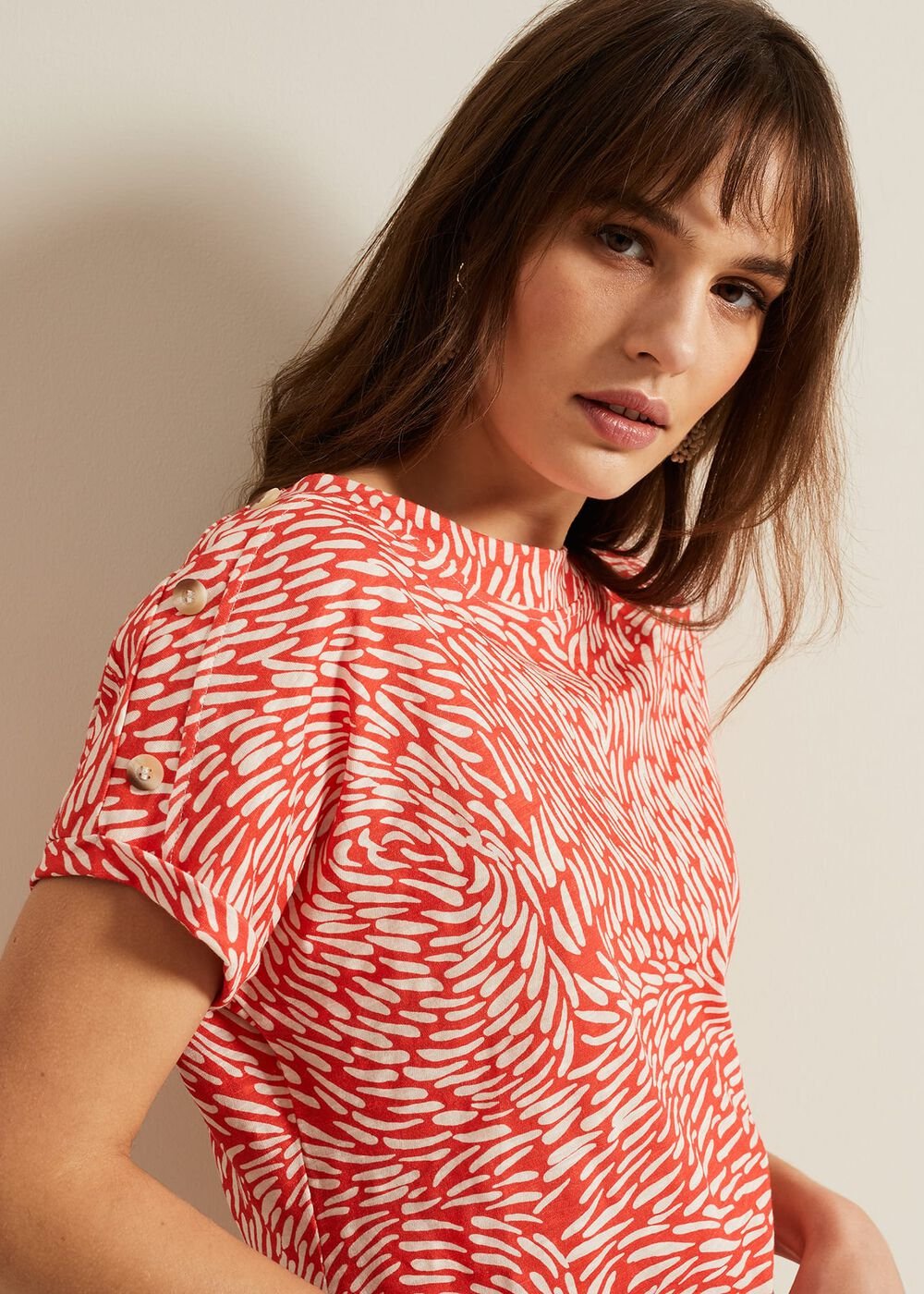 Suzie Button Detail Printed Top Red
