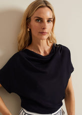 Cheryl Cowl Neck Woven Front Top Navy