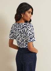 Nayana Leaf Print Top Navy/White