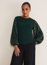 Everley Sequin Sleeve Top Dark Green