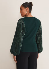 Everley Sequin Sleeve Top Dark Green